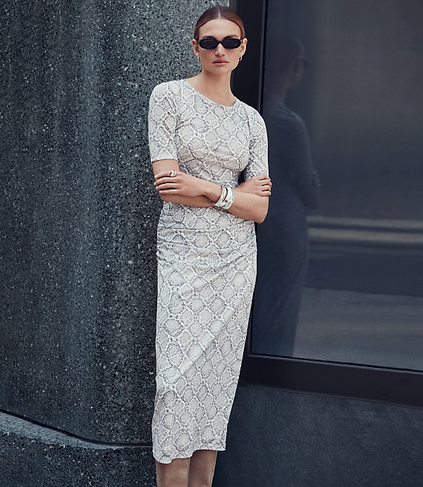 LOFT Versa Snake Print Mesh Ruched Midi Skirt