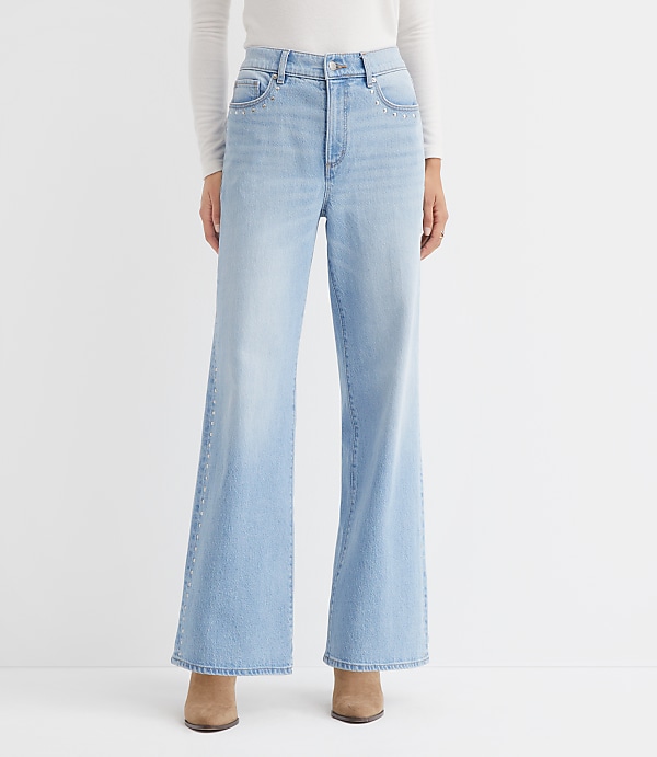 Studded High Rise Wide Leg Jeans In Mid Vintage Wash