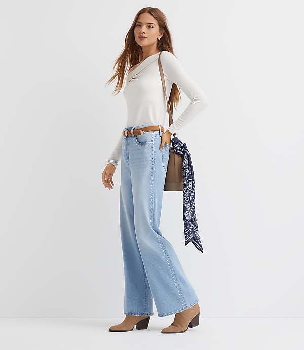 Studded High Rise Wide Leg Jeans In Mid Vintage Wash