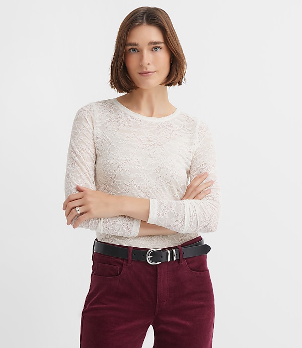 Petite Floral Lace Long Sleeve Crew Neck Tee