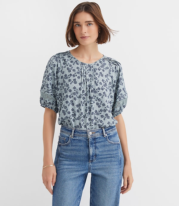Petite Floral Lace Trim Pintucked Blouse