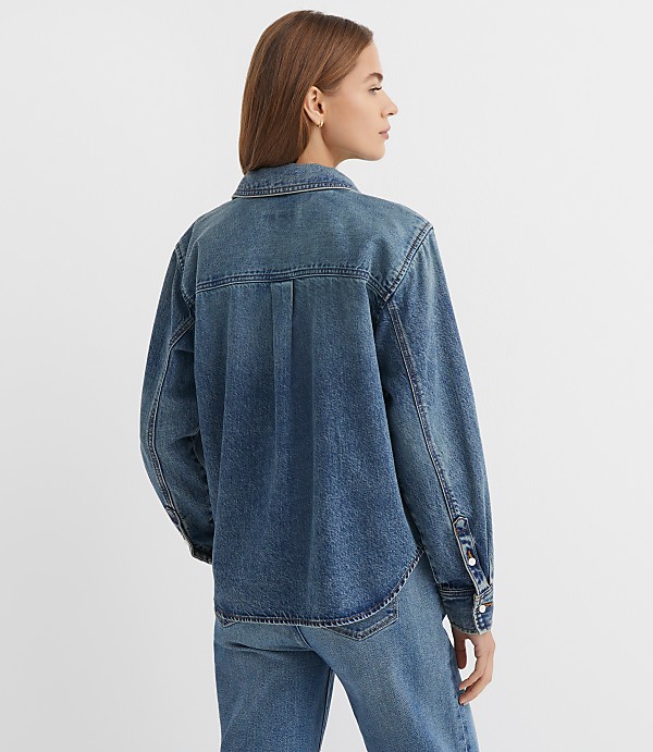 Petite Denim Bow Blouse in Authentic Vintage Mid Wash