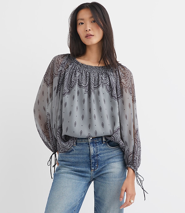 Paisley Ruffle Neck Tie Cuff Blouse