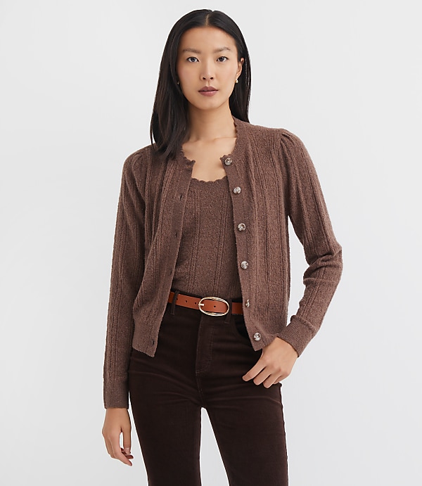 Scalloped Pointelle Puff Sleeve Cardigan