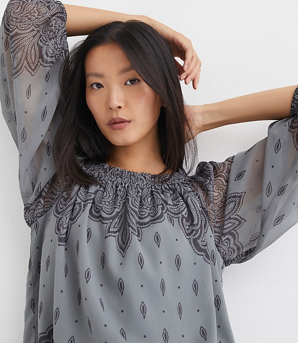 Paisley Ruffle Neck Tie Cuff Blouse
