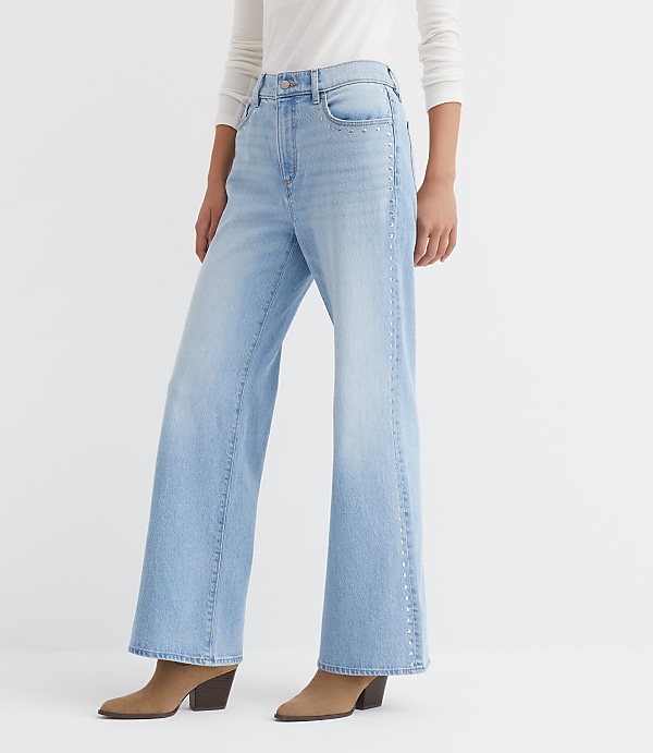 Petite Curvy Studded High Rise Wide Leg Jeans In Mid Vintage Wash