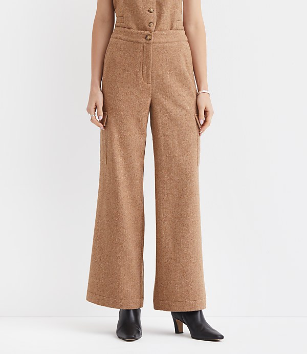 Petite Fluid Pull On Wide Leg Cargo Pants in Herringbone