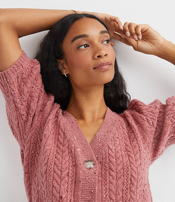 Petite Flecked Stitchy Puff Sleeve Cardigan