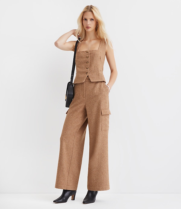 Petite Fluid Pull On Wide Leg Cargo Pants in Herringbone