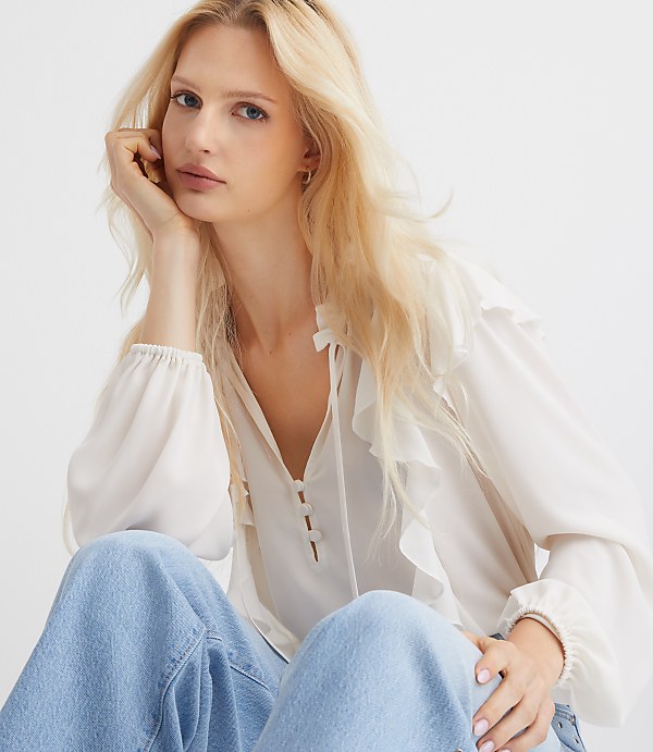 Ruffle Button Tie Neck Blouse