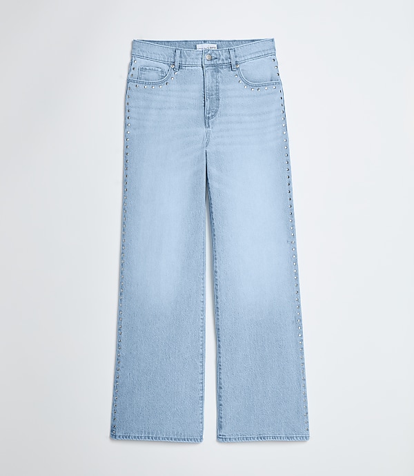 Petite Studded High Rise Wide Leg Jeans In Mid Vintage Wash
