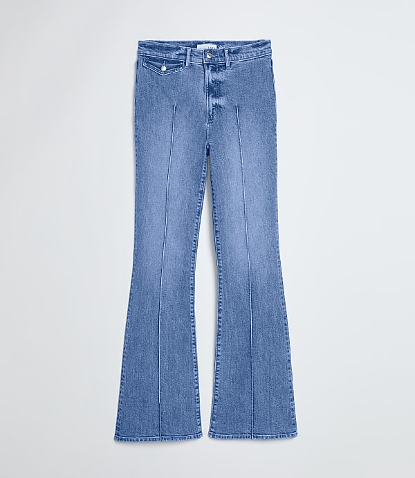Pintucked High Rise Slim Flare Jeans in Medium Stone Wash