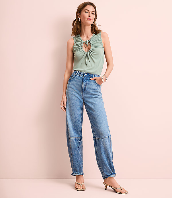 Petite Seamed High Rise Barrel Jeans in Vintage Distressed Wash