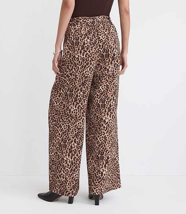 Belted Fluid Pull On Wide Leg Pants in Leopard Print