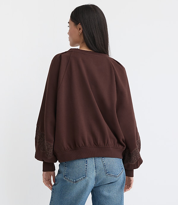 Petite Lace Trim Sleeve Sweatshirt