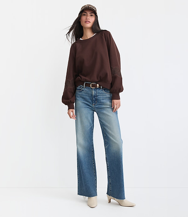 Petite Lace Trim Sleeve Sweatshirt