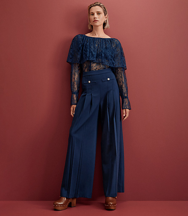 Pleated Ultra Wide Leg Pants in Twill