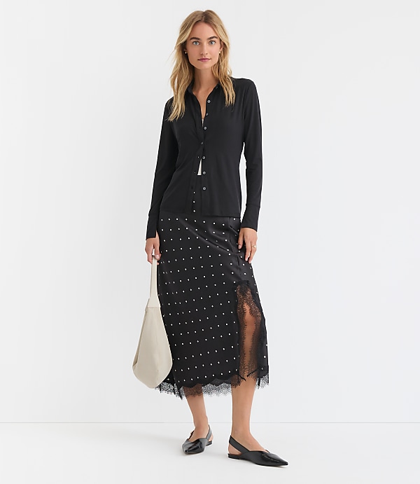 Petite Dotted Lace Trim Satin Bias Midi Skirt