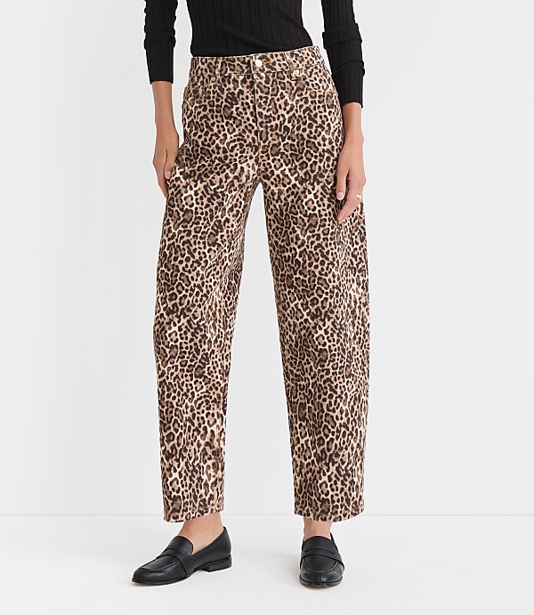 Petite High Rise Barrel Jeans in Leopard Print