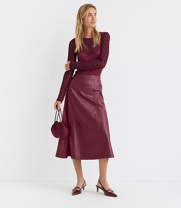 Petite Faux Leather Paneled Midi Skirt