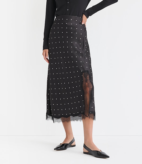Petite Dotted Lace Trim Satin Bias Midi Skirt