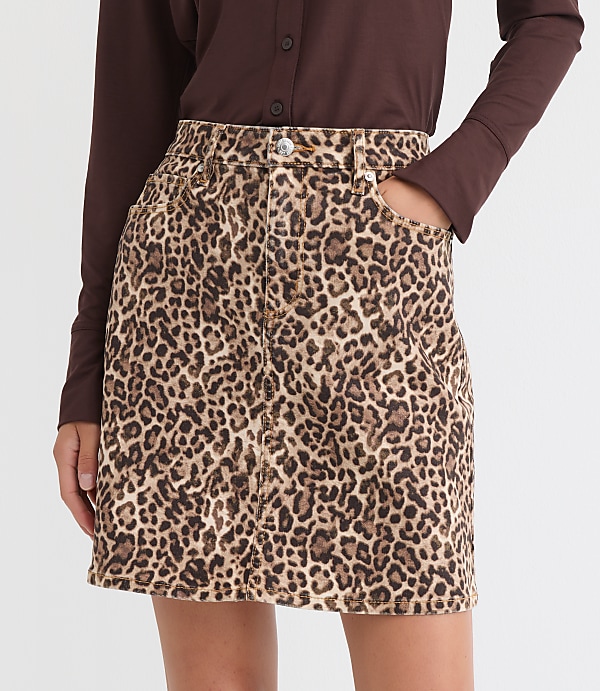 Petite Leopard Print Denim Mini Skirt