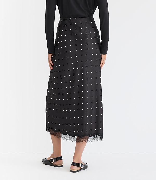 Dotted Lace Trim Satin Bias Midi Skirt