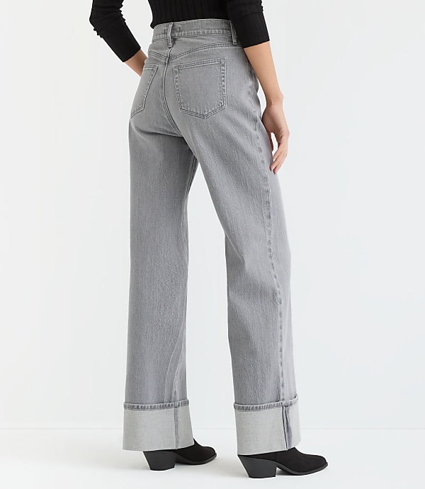Petite Cuffed High Rise Wide Leg Jeans in Grey