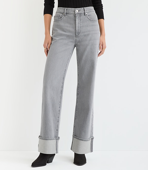 Cuffed High Rise Wide Leg Jeans in Grey