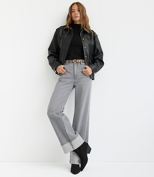 Cuffed High Rise Wide Leg Jeans in Grey