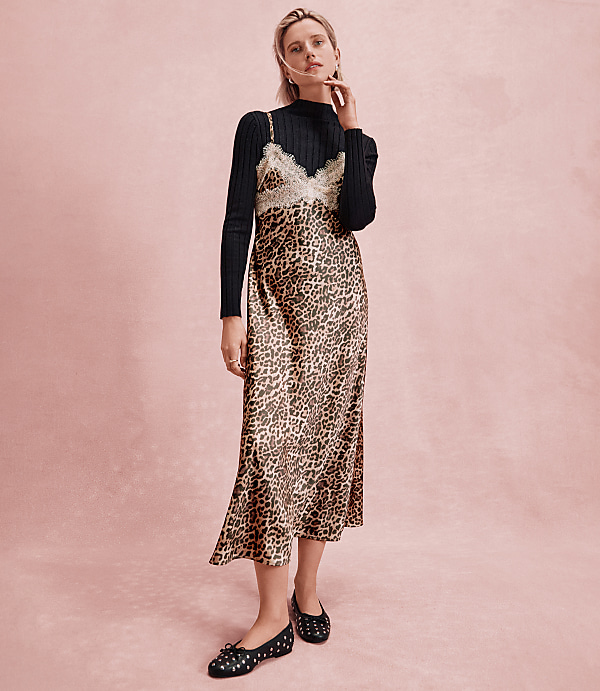 Leopard Print Lace Trim Satin Midi Slip Dress