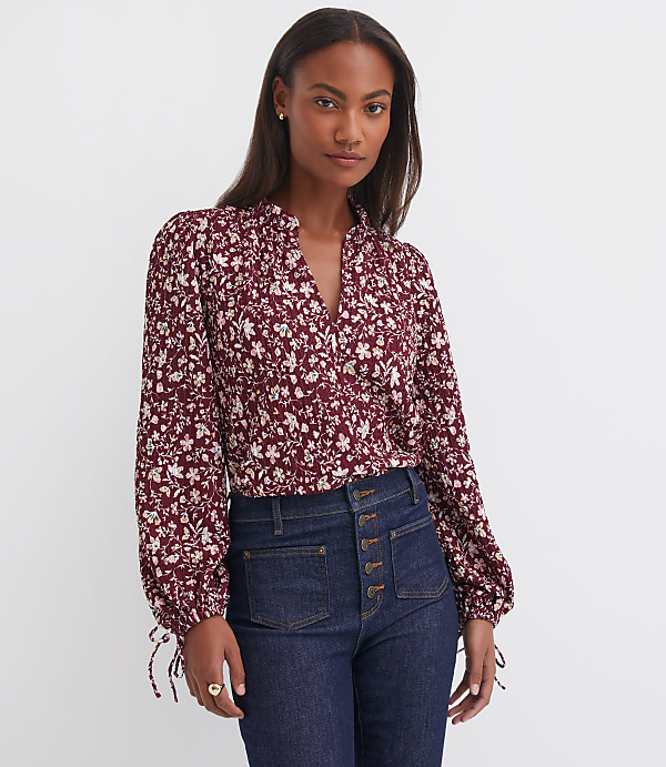 Petite Floral Ruffle Tie Cuff Top