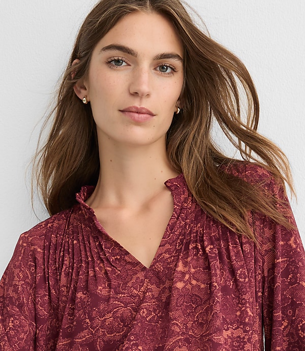 Petite Lace Print Pintucked Ruffle Mixed Media Blouse