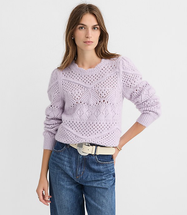 Petite Scalloped Pointelle Puff Sleeve Sweater