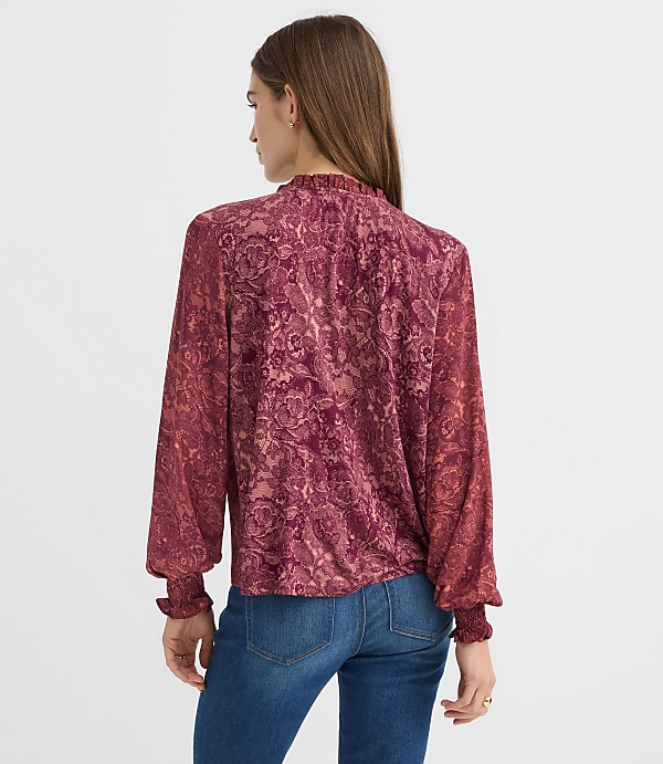 Petite Lace Print Pintucked Ruffle Mixed Media Blouse