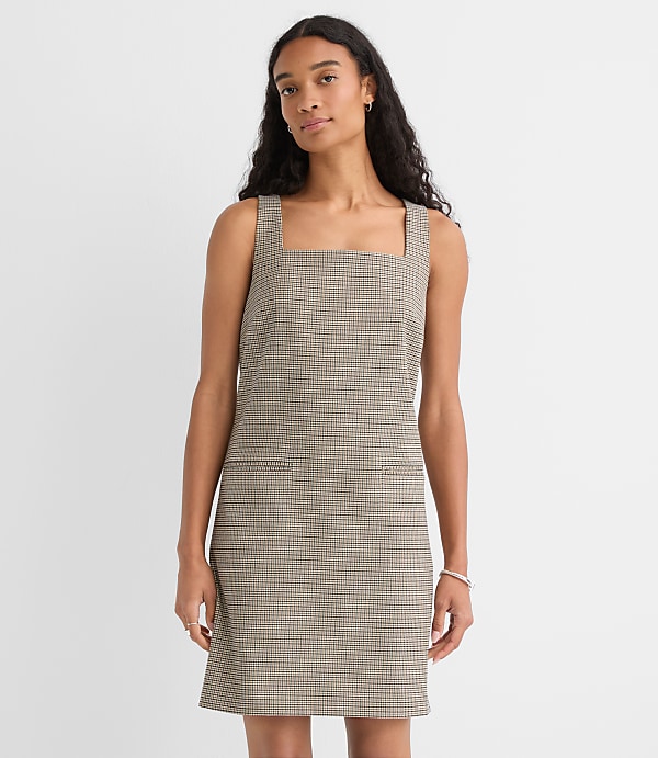 Plaid Square Neck Mini Pocket Dress