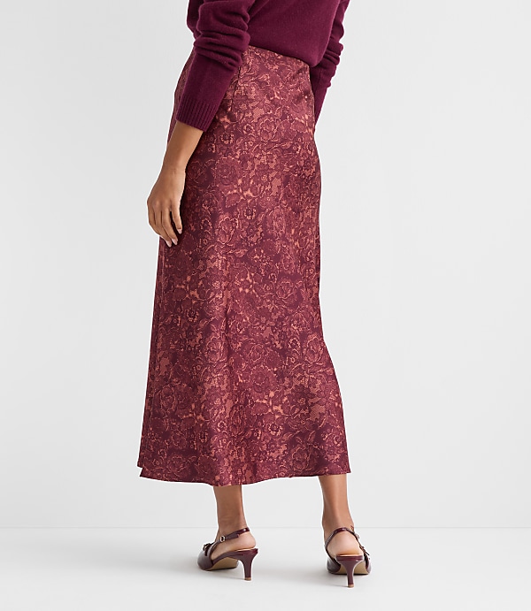 Floral Lace Print Satin Bias Maxi Skirt