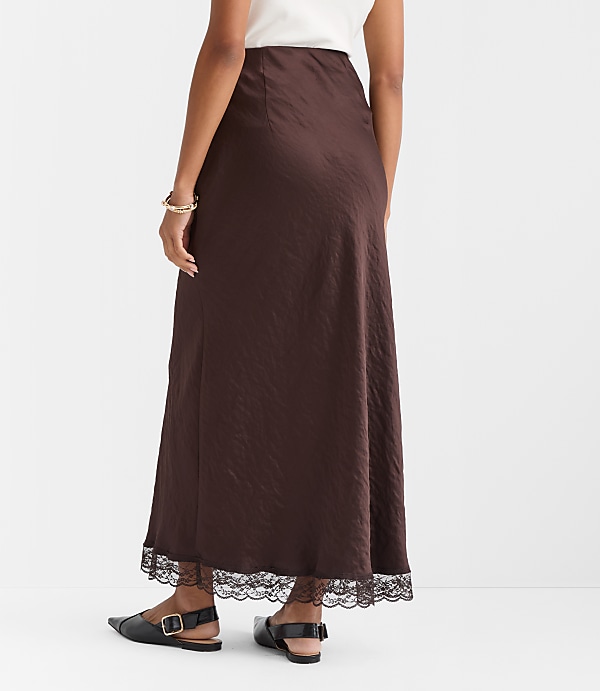 Lace Trim Satin Bias Maxi Skirt