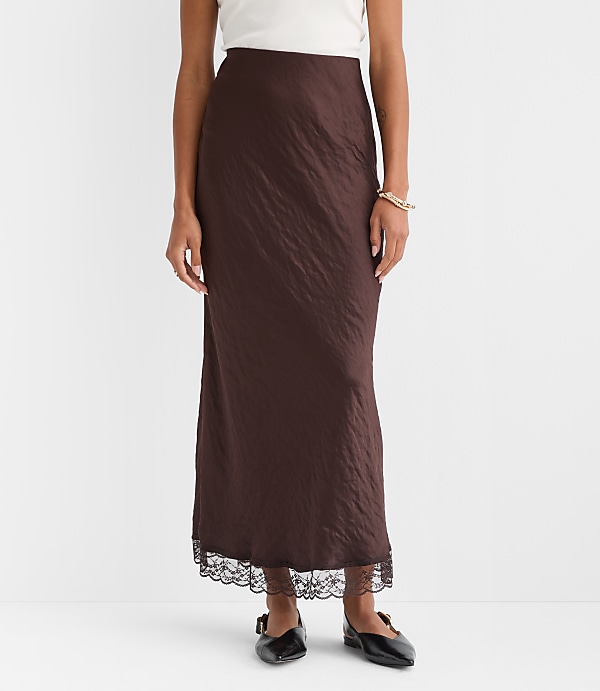 Lace Trim Satin Bias Maxi Skirt
