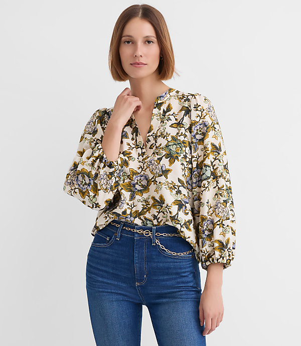 Petite Floral Blouson Sleeve Split Neck Blouse
