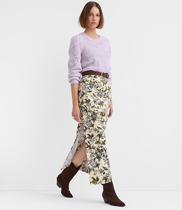 Petite Floral Side Ruched Midi Skirt
