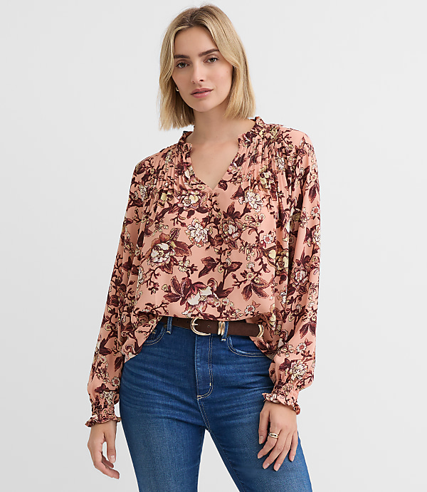 Petite Floral Pintucked Ruffle Mixed Media Blouse
