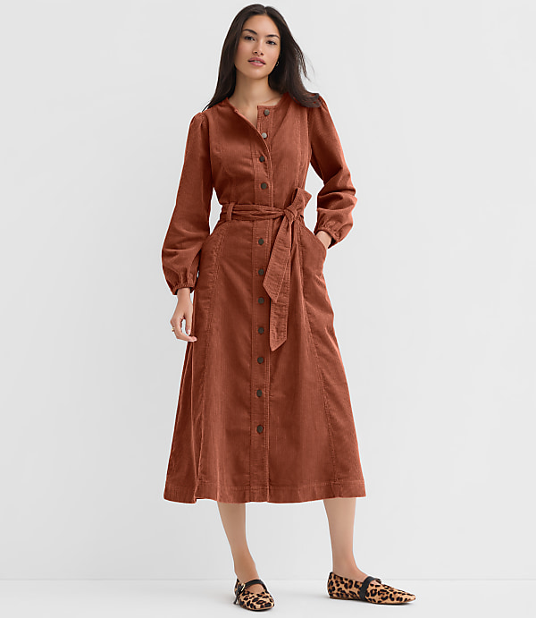 Petite Corduroy Seamed Belted Midi Pocket Dress