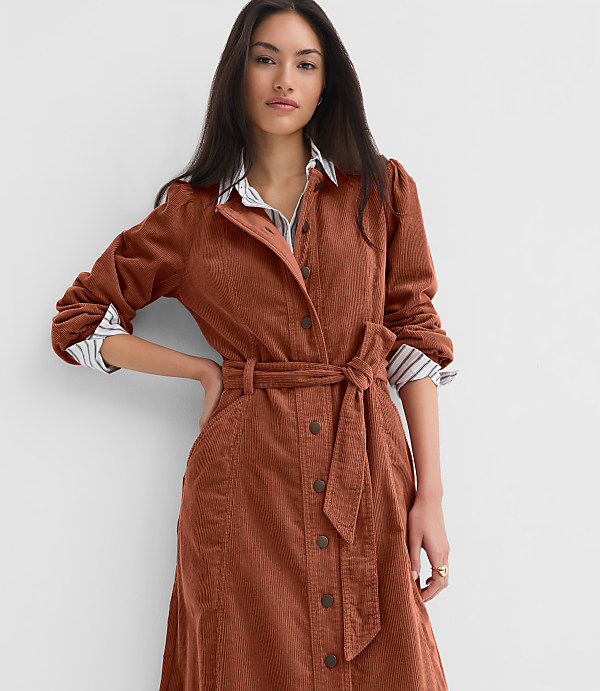 Petite Corduroy Seamed Belted Midi Pocket Dress