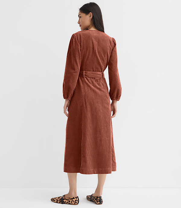 Petite Corduroy Seamed Belted Midi Pocket Dress
