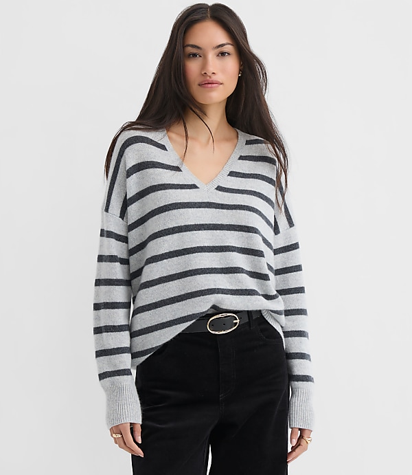 Stripe Relaxed V-Neck Cashmere Sweater