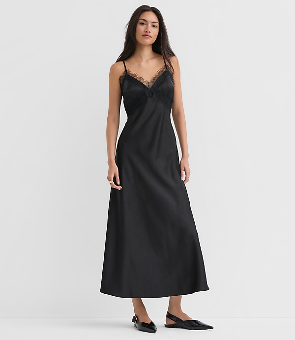 Petite Lace Trim Satin Midi Slip Dress