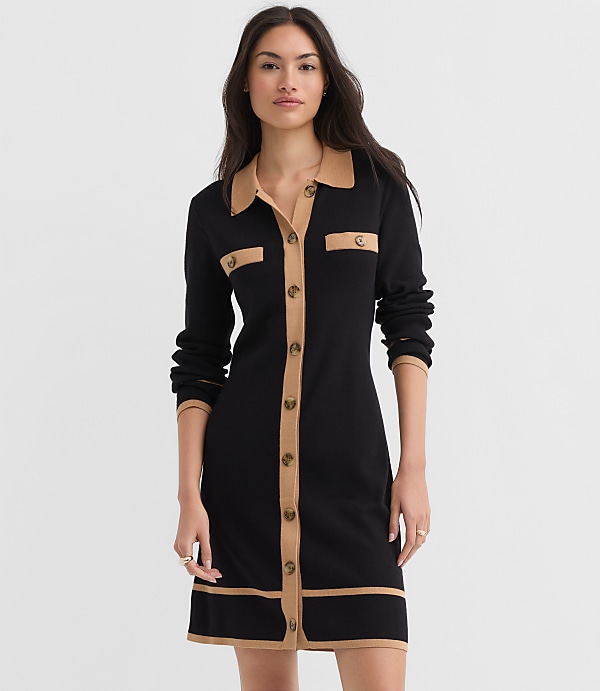 Tipped Sweater Pocket Shirtdress