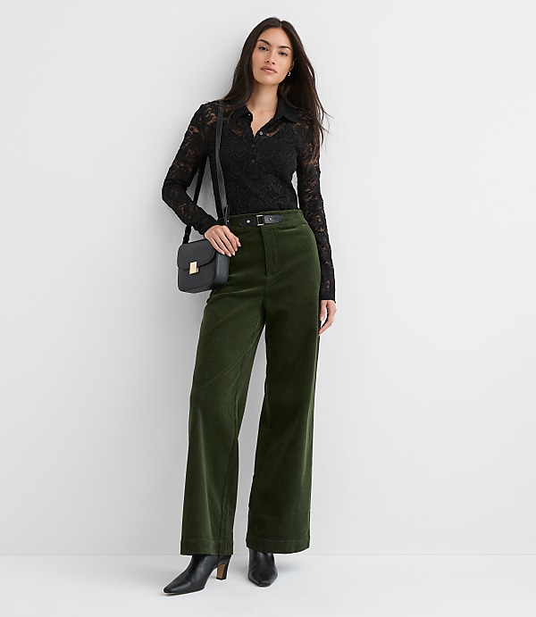 Faux Leather Buckle Wide Leg Corduroy Pants