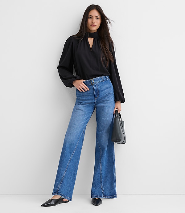 Belted Slim Wide Leg Jeans in Bright Medium Stone Wash
